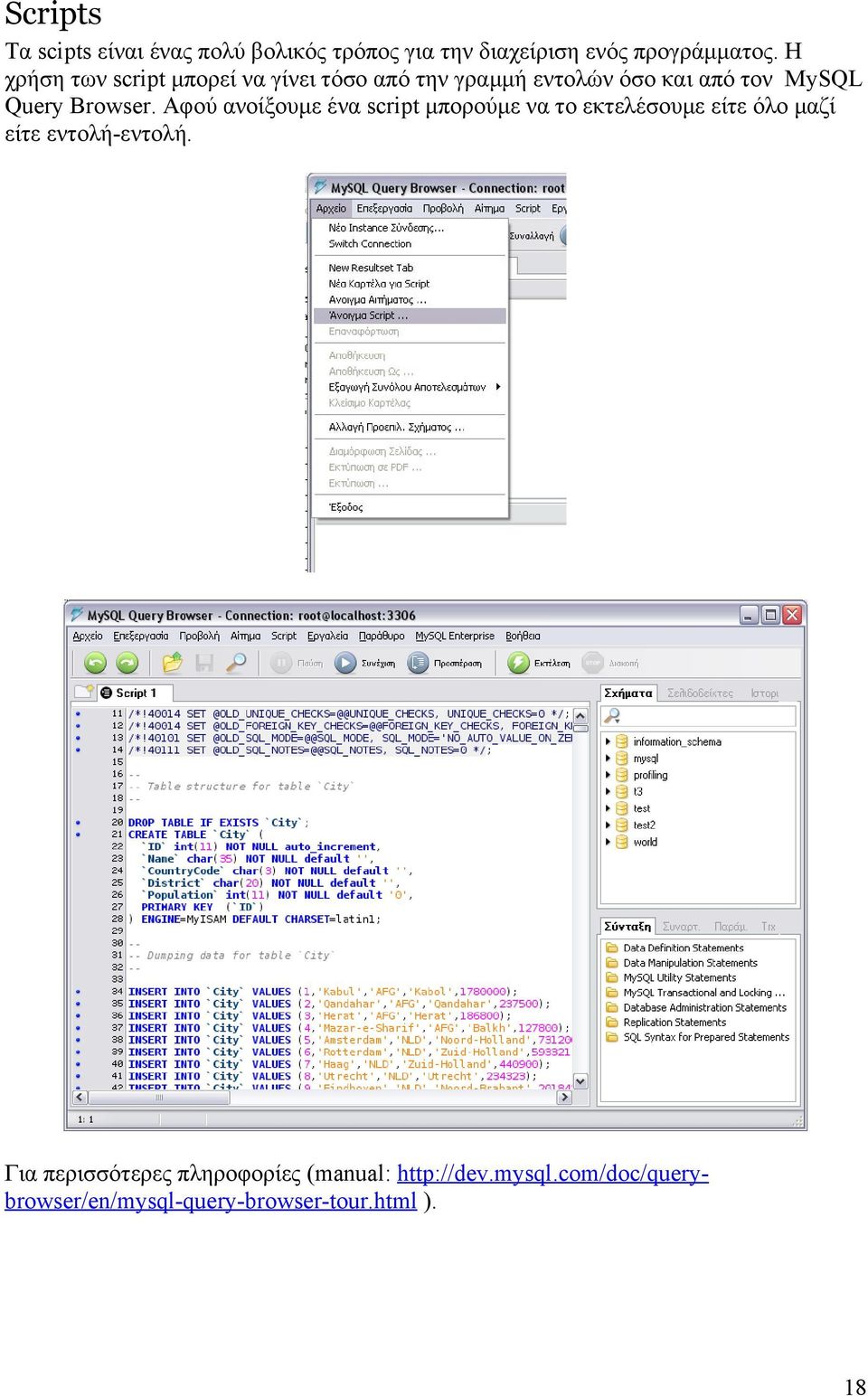 Browser. Αφού ανοίξουμε ένα script μπορούμε να το εκτελέσουμε είτε όλο μαζί είτε εντολή-εντολή.