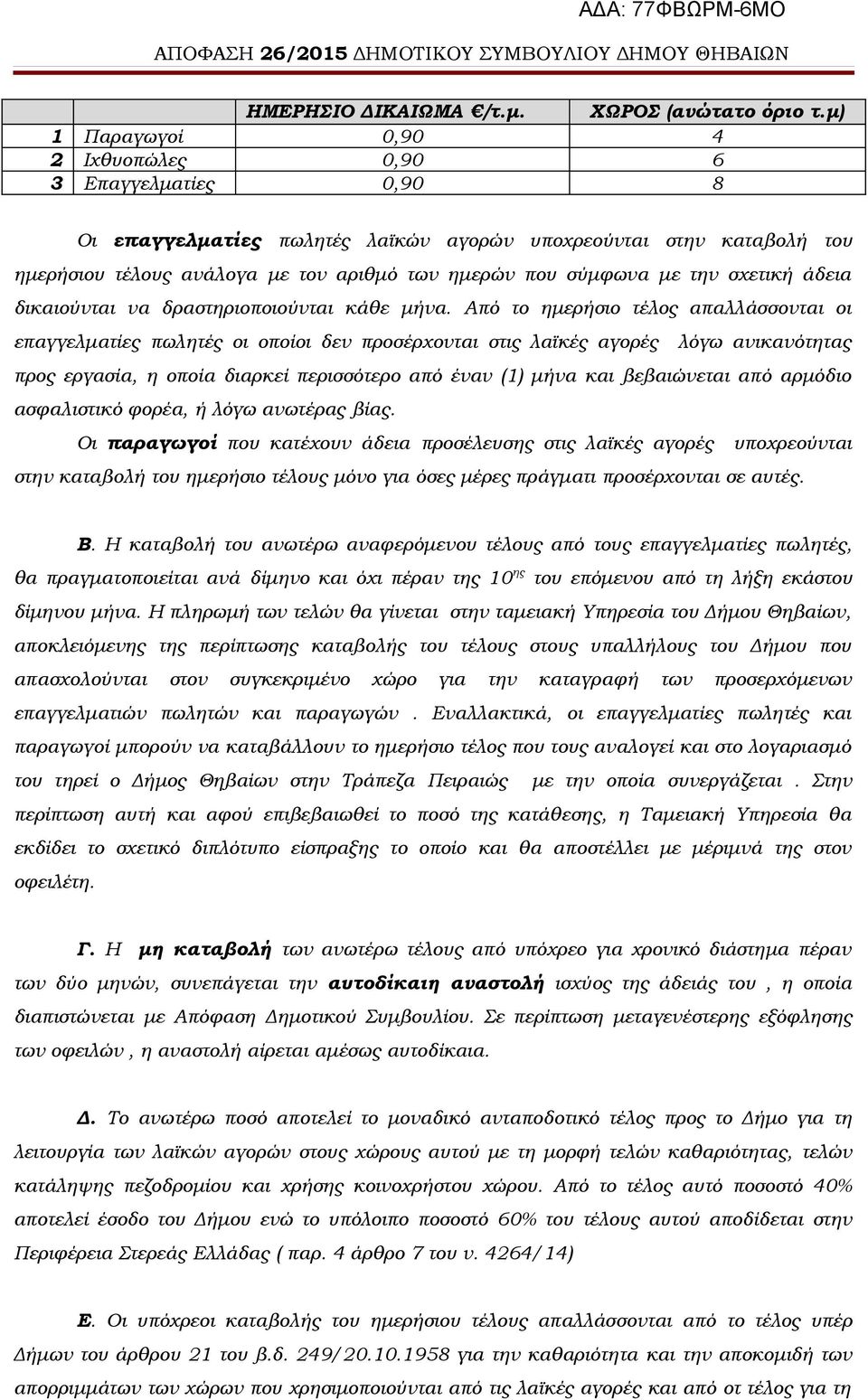 Από το ημερήσιο τέλος απαλλάσσονται οι επαγγελματίες πωλητές οι οποίοι δεν προσέρχονται στις λαϊκές αγορές λόγω ανικανότητας προς εργασία, η οποία διαρκεί περισσότερο από έναν (1) μήνα και