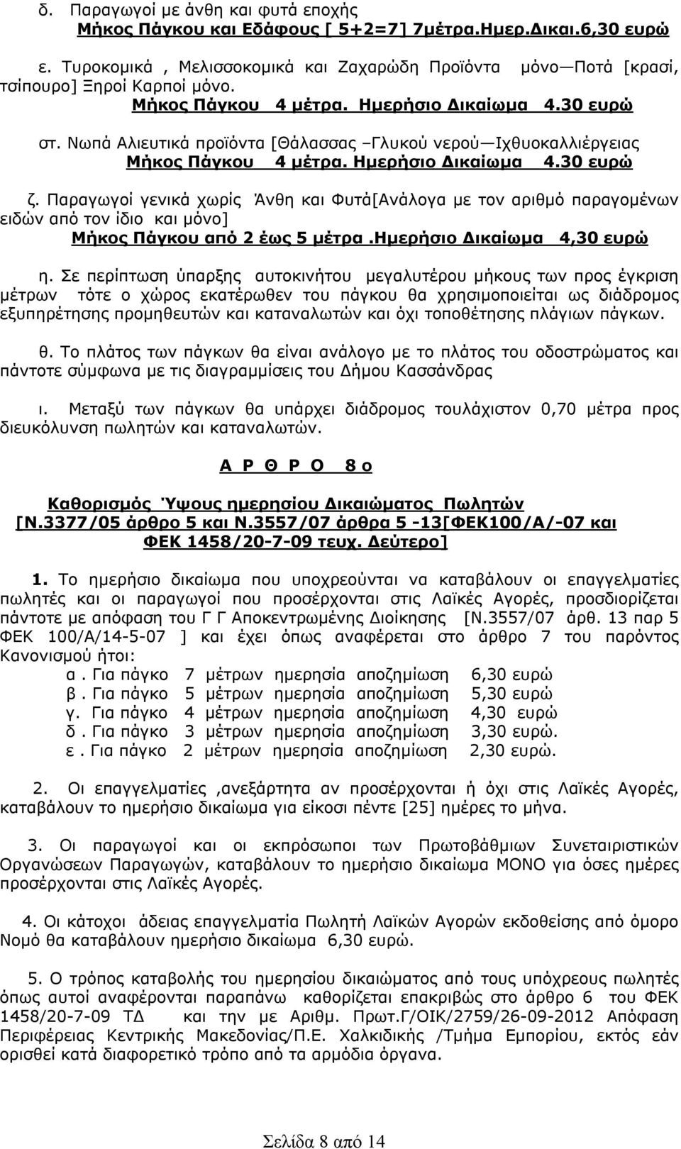 Παραγωγοί γενικά χωρίς Άνθη και Φυτά[Ανάλογα με τον αριθμό παραγομένων ειδών από τον ίδιο και μόνο] Μήκος Πάγκου από 2 έως 5 μέτρα.ημερήσιο Δικαίωμα 4,30 ευρώ η.