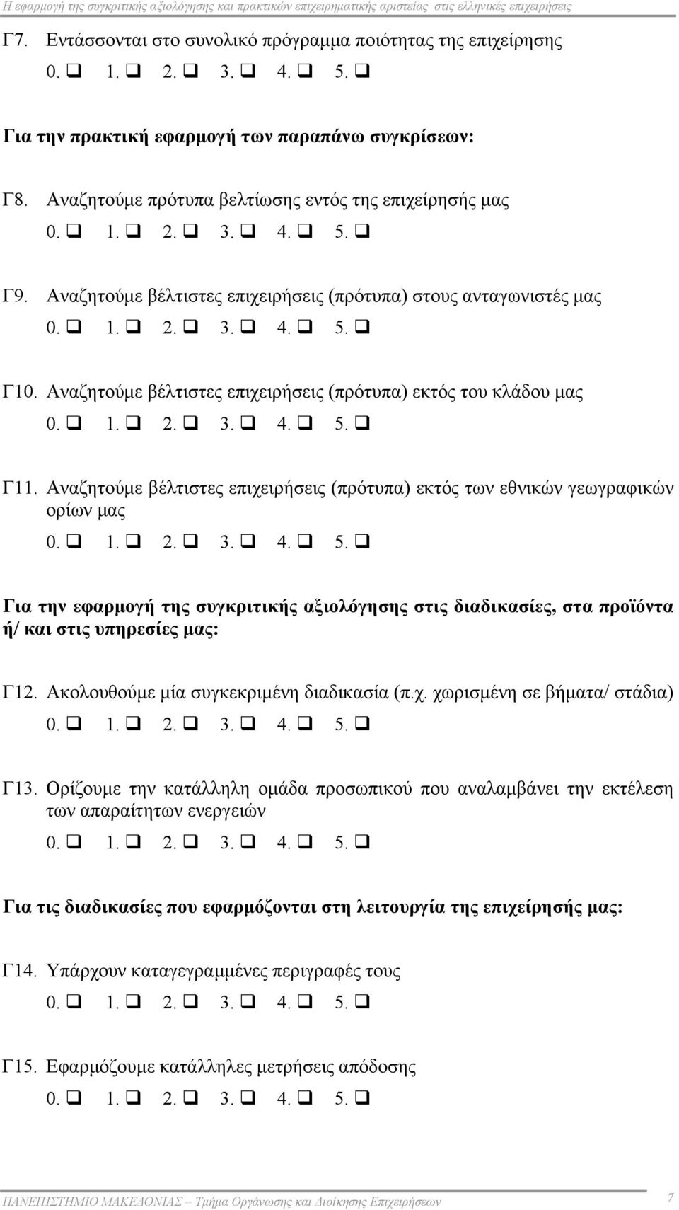 Αναζητούμε βέλτιστες επιχειρήσεις (πρότυπα) στους ανταγωνιστές μας 0. 1. 2. 3. 4. 5. Γ10. Αναζητούμε βέλτιστες επιχειρήσεις (πρότυπα) εκτός του κλάδου μας 0. 1. 2. 3. 4. 5. Γ11.