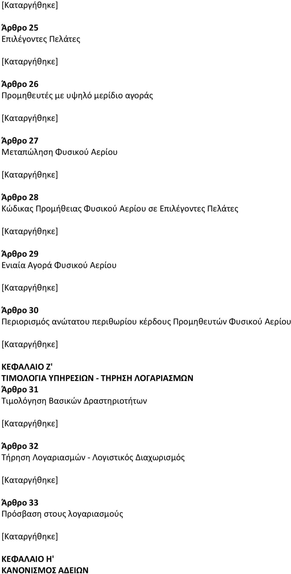 περιθωρίου κέρδους Προμηθευτών Φυσικού Αερίου ΚΕΦΑΛΑΙΟ Ζ' ΤΙΜΟΛΟΓΙΑ ΥΠΗΡΕΣΙΩΝ - ΤΗΡΗΣΗ ΛΟΓΑΡΙΑΣΜΩΝ Άρθρο 31 Τιμολόγηση