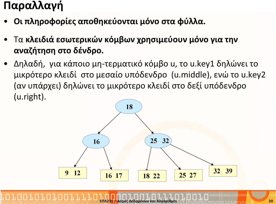 Δηλαδή, για κάποιο μη τερματικό κόμβο u, το u.key1 δηλώνει το μικρότερο κλειδί στο μεσαίο υπόδενδρο (u.