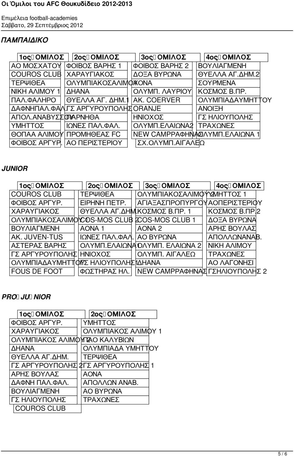 ΑΝΑΒΥΣΣΟΥ ΠΑΡΝΗΘΑ ΗΝΙΟΧΟΣ ΓΣ ΗΛΙΟΥΠΟΛΗΣ ΥΜΗΤΤΟΣ ΙΩΝΕΣ ΠΑΛ.ΦΑΛ. ΟΛΥΜΠ.ΕΛΑΙΩΝΑ2 ΘΟΠΑΑ ΑΛΙΜΟΥ ΠΡΟΜΗΘΕΑΣ FC NEW CAMPΡΑΦΗΝΑΣΟΛΥΜΠ.ΕΛΑΙΩΝΑ 1 ΦΟΙΒΟΣ ΑΡΓΥΡ. ΑΟ ΠΕΡΙΣΤΕΡΙΟΥ ΣΧ.ΟΛΥΜΠ.ΑΙΓΑΛΕΩ JUNIOR 1oς ΟΜΙΛΟΣ 2ος ΟΜΙΛΟΣ 3ος ΟΜΙΛΟΣ 4ος ΟΜΙΛΟΣ COUROS CLUB ΤΕΡΨΙΘΕΑ ΟΛΥΜΠΙΑΚΟΣΑΛΙΜΟΥ ΥΜΗΤΤΟΣ 2 1 ΦΟΙΒΟΣ ΑΡΓΥΡ.
