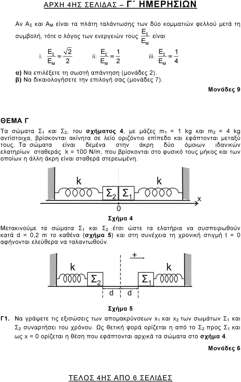 ονάδες 9 ΘΕΑ Γ Τα σώματα Σ και Σ, το σχήματος 4, με μάζες m = kg και m = 4 kg αντίστοιχα, βρίσκονται ακίνητα σε λείο οριζόντιο επίπεδο και εφάπτονται μεταξύ τος.