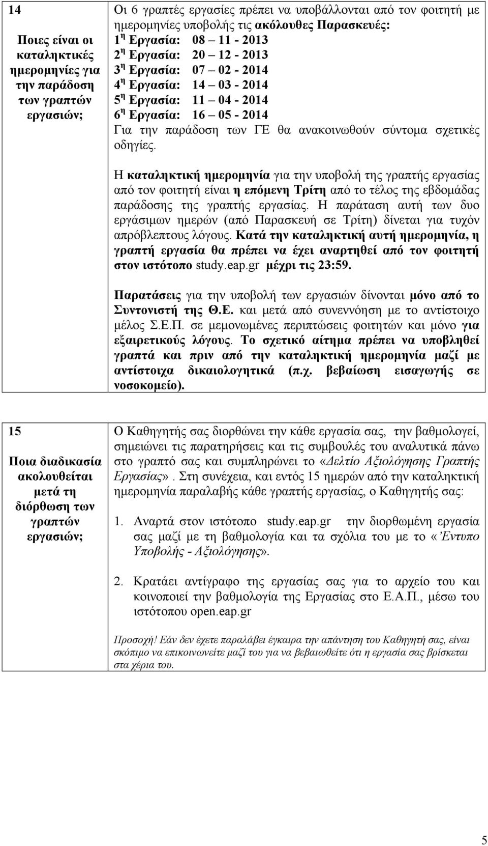 οδηγίες. Η καταληκτική ημερομηνία για την υποβολή της γραπτής εργασίας από τον φοιτητή είναι η επόμενη Τρίτη από το τέλος της εβδομάδας παράδοσης της γραπτής εργασίας.