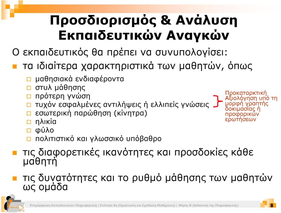 υπόβαθρο Προκαταρκτική Αξιολόγηση υπό τη µορφή γραπτής δοκιµασίας ή προφορικών ερωτήσεων τις διαφορετικές ικανότητες και προσδοκίες κάθε µαθητή τις