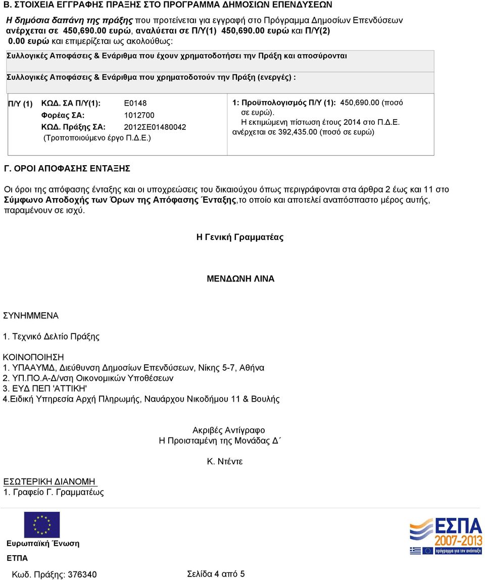 00 ευρώ και επιμερίζεται ως ακολούθως: Συλλογικές Αποφάσεις & Ενάριθμα που έχουν χρηματοδοτήσει την Πράξη και αποσύρονται Συλλογικές Αποφάσεις & Ενάριθμα που χρηματοδοτούν την Πράξη (ενεργές) : Π/Υ