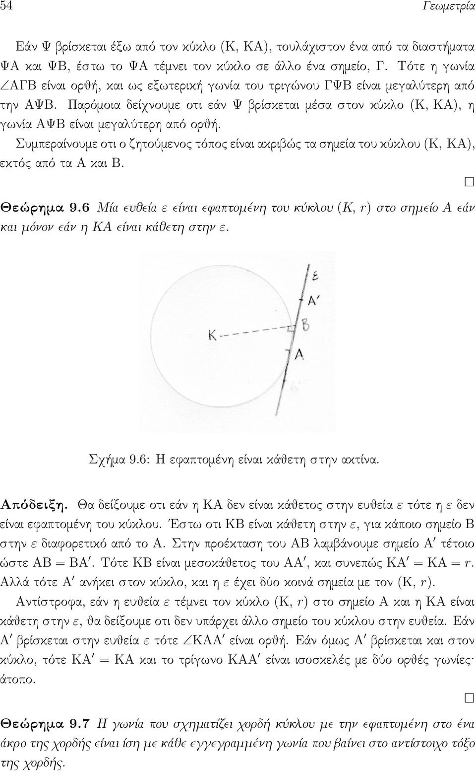 Παρόμοια δείχνουμε οτι εάν Ψ βρίσκεται μέσα στον κύκλο (Κ, ΚΑ), η γωνία ΑΨΒ είναι μεγαλύτερη από ορθή.