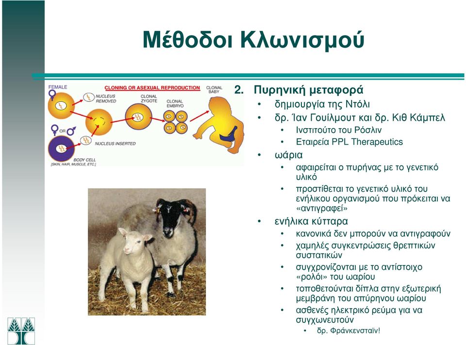 του ενήλικου οργανισµού που πρόκειται να «αντιγραφεί» ενήλικα κύτταρα κανονικά δεν µπορούν να αντιγραφούν χαµηλές συγκεντρώσεις