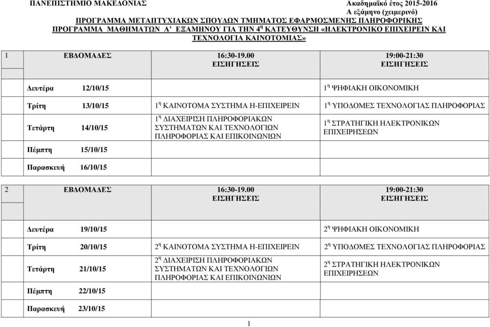 00 Δευτέρα 12/10/15 1 η ΨΗΦΙΑΚΗ ΟΙΚΟΝΟΜΙΚΗ Τρίτη 13/10/15 1 η ΚΑΙΝΟΤΟΜΑ ΣΥΣΤΗΜΑ Η-ΕΠΙΧΕΙΡΕΙΝ 1 η ΥΠΟΔΟΜΕΣ ΤΕΧΝΟΛΟΓΙΑΣ ΠΛΗΡΟΦΟΡΙΑΣ Τετάρτη 14/10/15 Πέμπτη 15/10/15 Παρασκευή 16/10/15 1 η