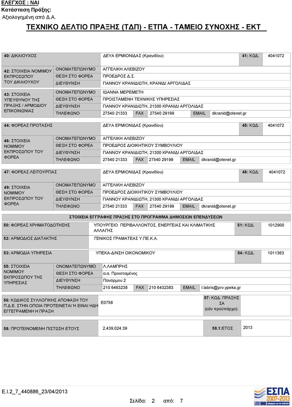 ΦΟΡΕΑΣ ΠΡΟΤΑΣΗΣ ΔΕΥΑ ΕΡΜΙΟΝΙΔΑΣ (Κρανιδίου) 45: ΚΩΔ 4: ΣΤΟΙΧΕΙΑ ΝΟΜΙΜΟΥ ΕΚΠΡΟΣΩΠΟΥ ΤΟΥ ΦΟΡΕΑ ΑΓΓΕΛΙΚΗ ΑΛΕΒΙΖΟΥ ΠΡΟΕΔΡΟΣ ΔΙΟΙΚΗΤΙΚΟΥ ΣΥΜΒΟΥΛΙΟΥ ΓΙΑΝΝΟΥ ΚΡΑΝΙΔΙΩΤΗ, 2300 ΚΡΑΝΙΔΙ ΑΡΓΟΛΙΔΑΣ 2540 2333 FA