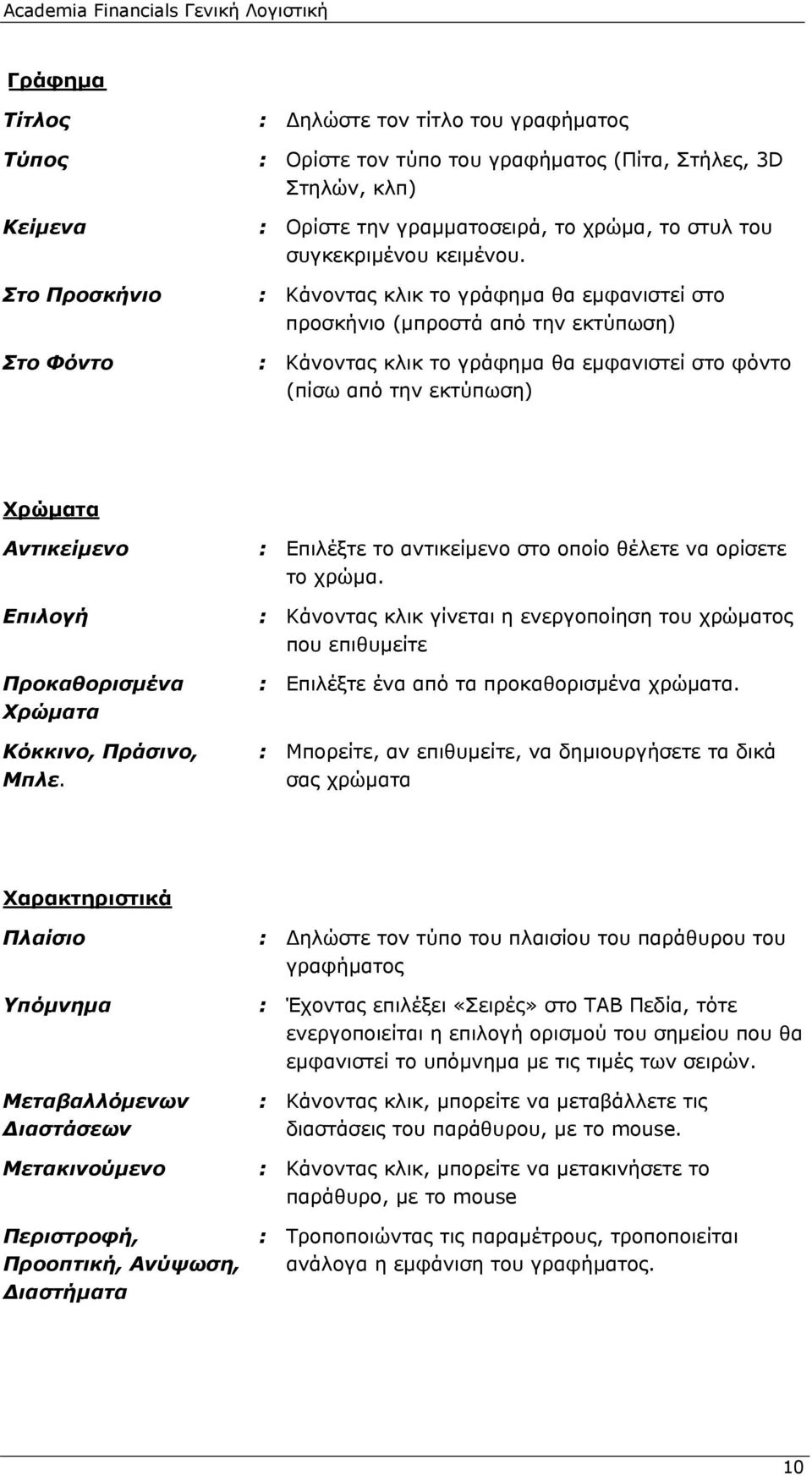 Στο Προσκήνιο : Κάνοντας κλικ το γράφημα θα εμφανιστεί στο προσκήνιο (μπροστά από την εκτύπωση) Στο Φόντο : Κάνοντας κλικ το γράφημα θα εμφανιστεί στο φόντο (πίσω από την εκτύπωση) Χρώματα