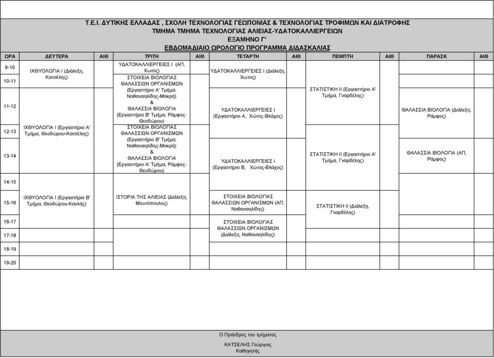 (Εργαστήριο Α, Χώτος-Βλάχος) Ι (Εργαστήριο Β, Χώτος-Βλάχος) ΣΤΑΤΙΣΤΙΚΗ ΙΙ (Εργαστήριο Α' Τμήμα, ΣΤΑΤΙΣΤΙΚΗ ΙΙ (Εργαστήριο Α' Τμήμα, ΘΑΛΑΣΣΙΑ ΒΙΟΛΟΓΙΑ (Διάλεξη, ΘΑΛΑΣΣΙΑ ΒΙΟΛΟΓΙΑ (ΑΠ, ΙΧΘΥΟΛΟΓΙΑ Ι