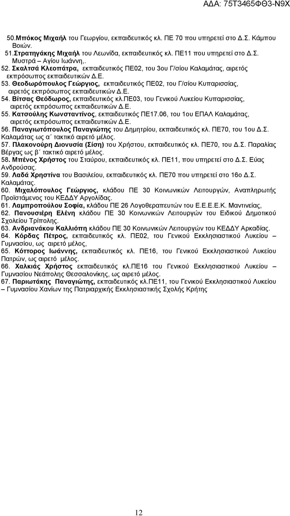 πε03, του Γενικού Λυκείου Κυπαρισσίας, 55. Κατσούλης Κωνσταντίνος, εκπαιδευτικός ΠΕ17.06, του 1ου ΕΠΑΛ Καλαμάτας, 56. Παναγιωτόπουλος Παναγιώτης του Δημητρίου, εκπαιδευτικός κλ. ΠΕ70, του 1ου Δ.Σ.