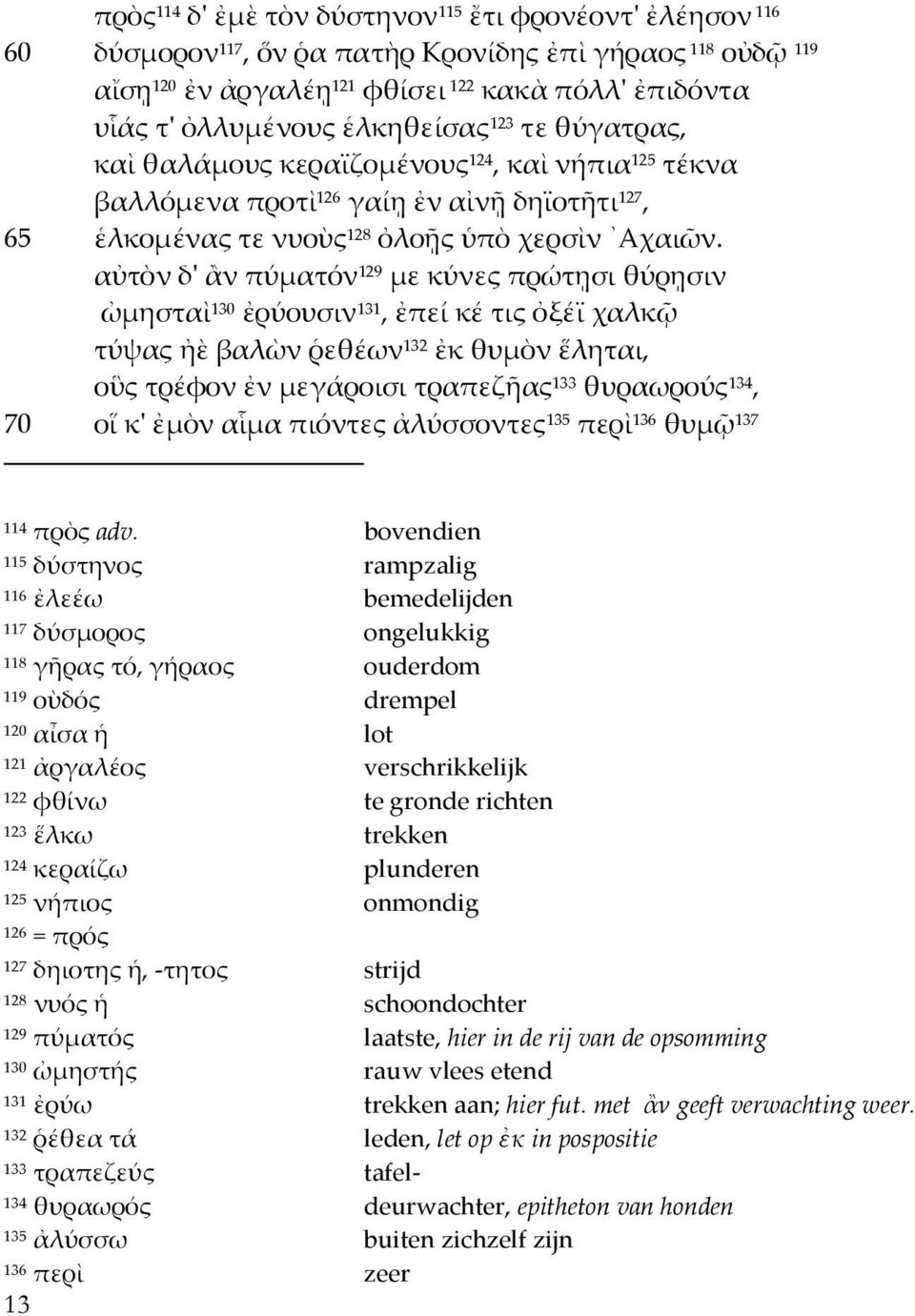 αὐτὸν δ' ἂν πύματόν 29 με κύνες πρώτῃσι θύρῃσιν ὠμησταὶ 30 ἐρύουσιν 3, ἐπεί κέ τις ὀξέϊ χαλκῷ τύψας ἠὲ βαλὼν ῥεθέων 32 ἐκ θυμὸν ἕληται, οὓς τρέφον ἐν μεγάροισι τραπεζῆας 33 θυραωρούς 34, 70 οἵ κ'