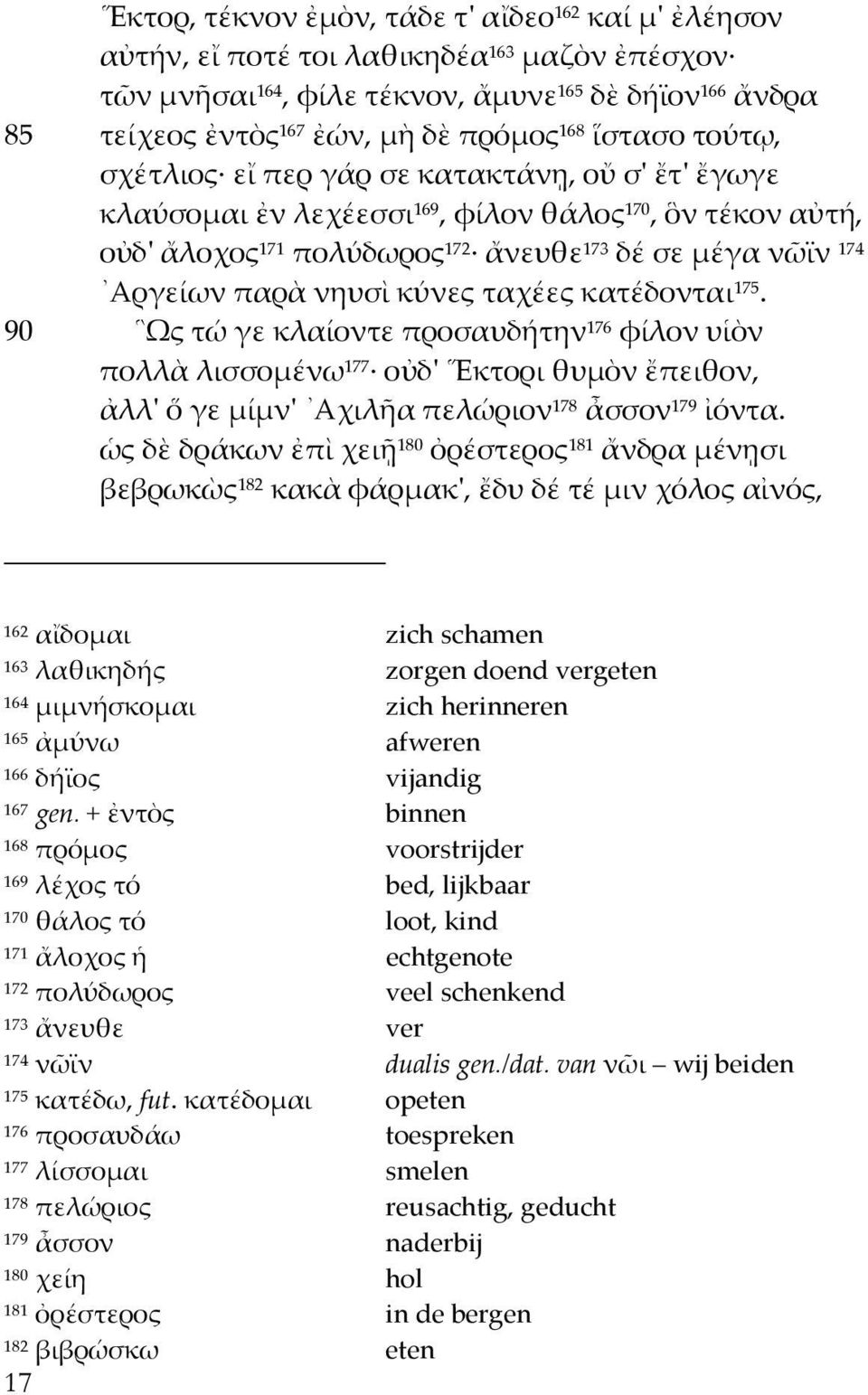κύνες ταχέες κατέδονται 75. 90 Ως τώ γε κλαίοντε προσαυδήτην 76 φίλον υἱὸν πολλὰ λισσομένω 77 οὐδ' Εκτορι θυμὸν ἔπειθον, ἀλλ' ὅ γε μίμν' Αχιλῆα πελώριον 78 ἆσσον 79 ἰόντα.