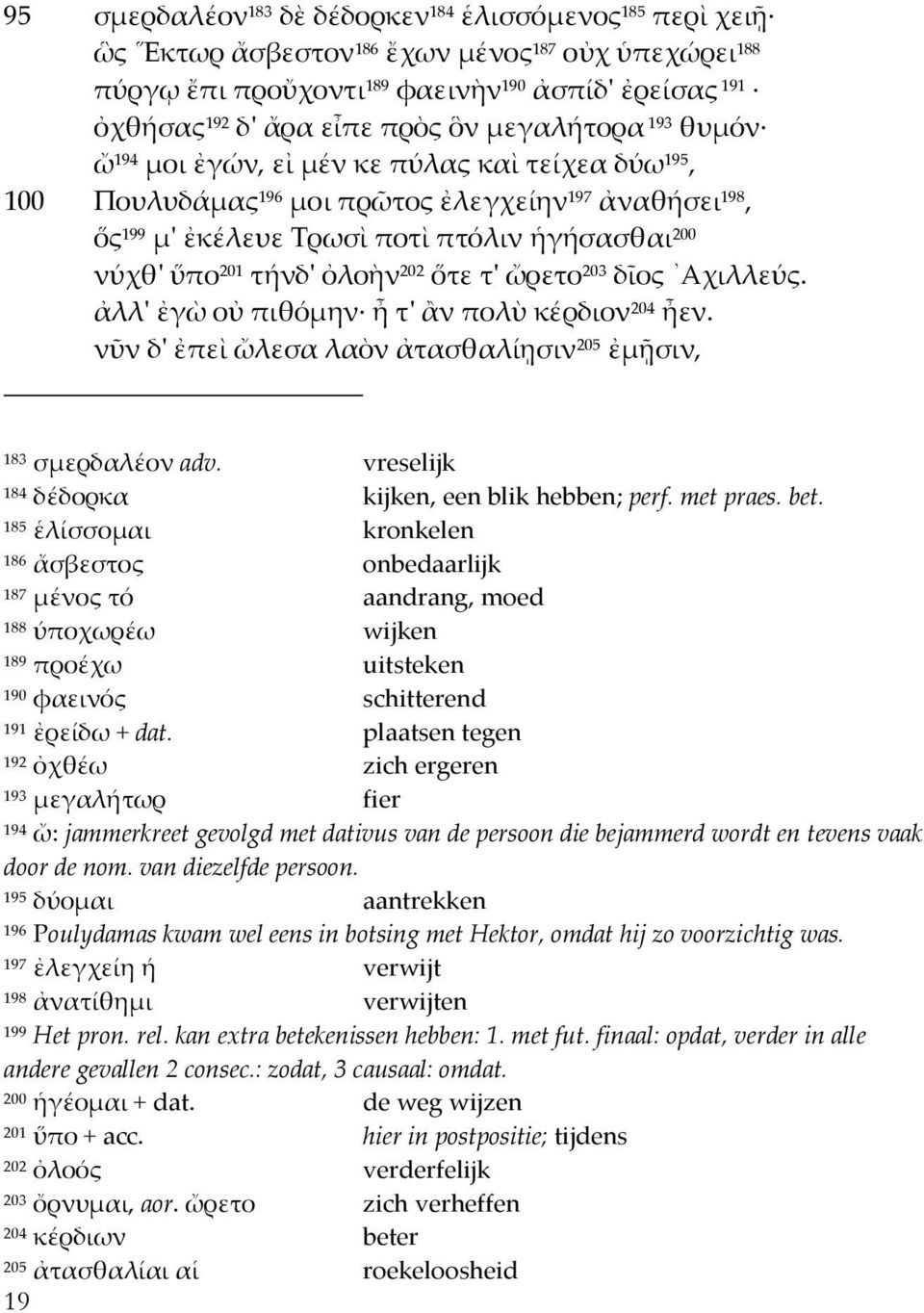 202 ὅτε τ' ὤρετο 203 δῖος Αχιλλεύς. ἀλλ' ἐγὼ οὐ πιθόμην ἦ τ' ἂν πολὺ κέρδιον 204 ἦεν. νῦν δ' ἐπεὶ ὤλεσα λαὸν ἀτασθαλίῃσιν 205 ἐμῇσιν, 83 σμερδαλέον adv.