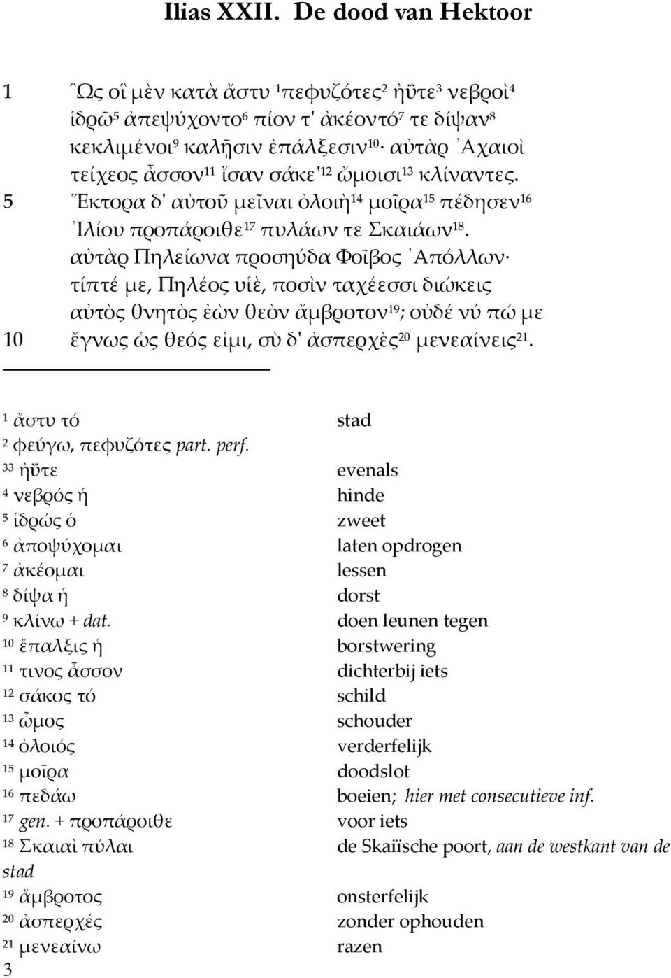κλίναντες. 5 Εκτορα δ' αὐτοῦ μεῖναι ὀλοιὴ 4 μοῖρα 5 πέδησεν 6 Ιλίου προπάροιθε 7 πυλάων τε Σκαιάων 8.