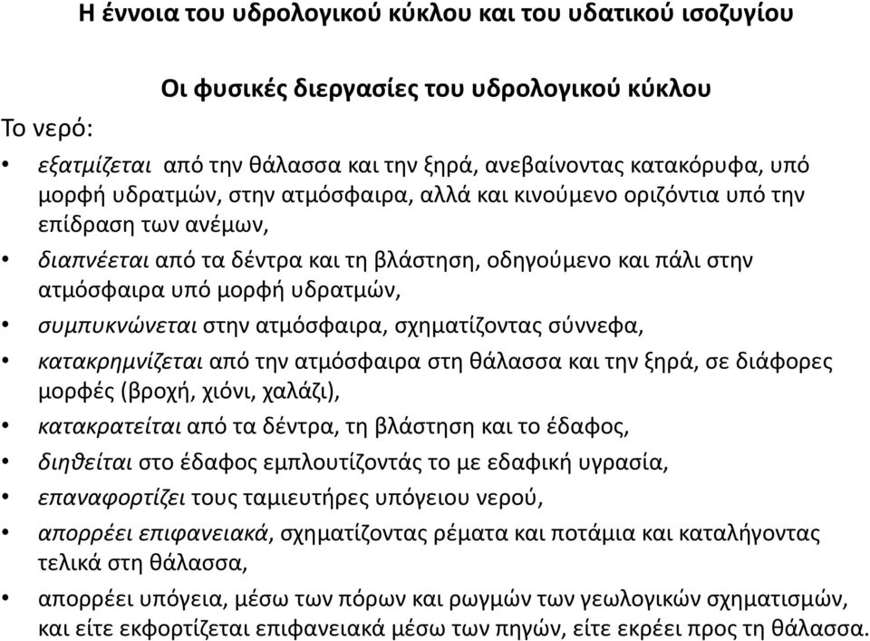 ατμόσφαιρα, σχηματίζοντας σύννεφα, κατακρημνίζεται από την ατμόσφαιρα στη θάλασσα και την ξηρά, σε διάφορες μορφές (βροχή, χιόνι, χαλάζι), κατακρατείται από τα δέντρα, τη βλάστηση και το έδαφος,
