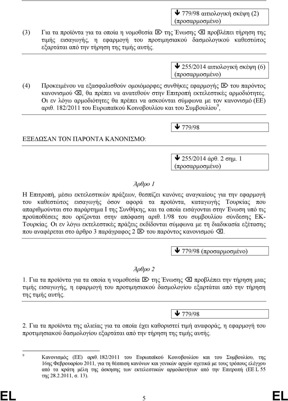 255/2014 αιτιολογική σκέψη (6) (4) Προκειμένου να εξασφαλισθούν ομοιόμορφες συνθήκες εφαρμογής του παρόντος κανονισμού, θα πρέπει να ανατεθούν στην Επιτροπή εκτελεστικές αρμοδιότητες.