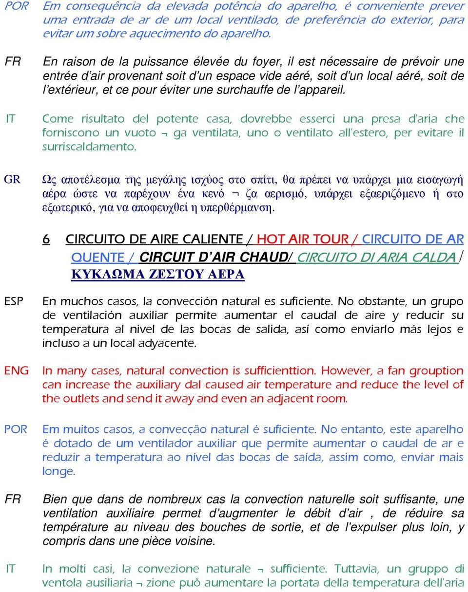 surchauffe de l appareil. IT Come risultato del potente casa, dovrebbe esserci una presa d'aria che forniscono un vuoto ga ventilata, uno o ventilato all'estero, per evitare il surriscaldamento.