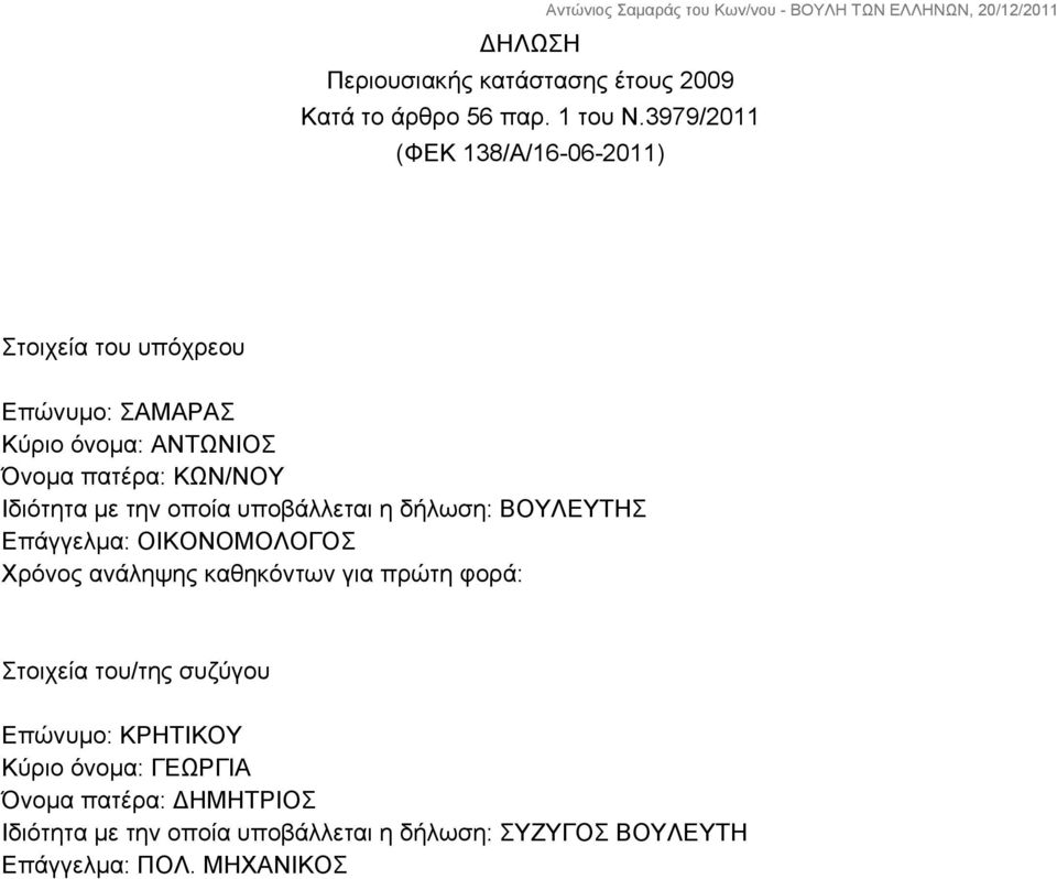 Ιδιότητα με την οποία υποβάλλεται η δήλωση: ΒΟΥΛΕΥΤΗΣ Επάγγελμα: ΟΙΚΟΝΟΜΟΛΟΓΟΣ Χρόνος ανάληψης καθηκόντων για πρώτη