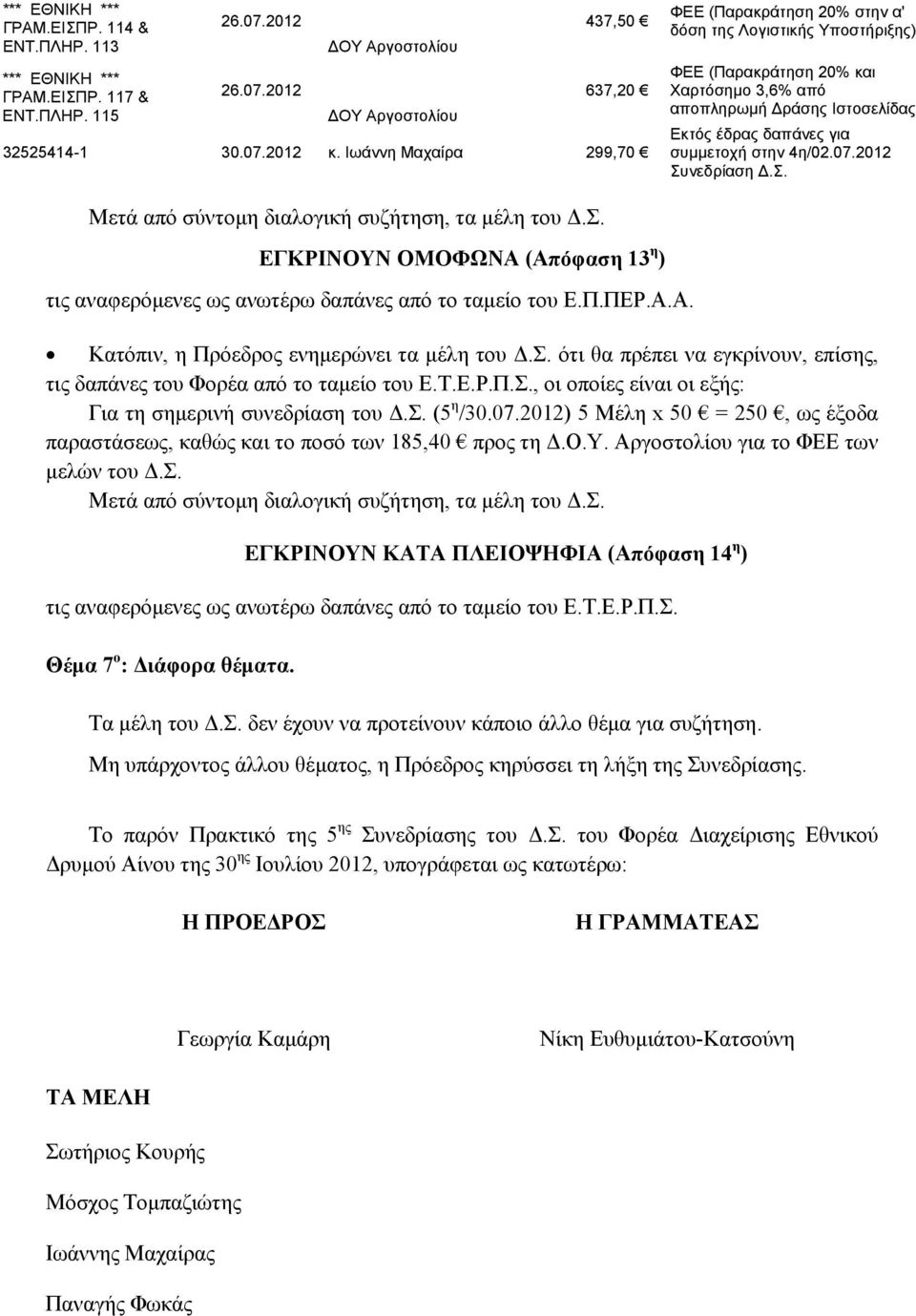 4η/02.07.2012 Συνεδρίαση.Σ. Μετά από σύντομη διαλογική συζήτηση, τα μέλη του Δ.Σ. ΕΓΚΡΙΝΟΥΝ ΟΜΟΦΩΝΑ (Απόφαση 13 η ) τις αναφερόμενες ως ανωτέρω δαπάνες από το ταμείο του Ε.Π.ΠΕΡ.Α.Α. Κατόπιν, η Πρόεδρος ενημερώνει τα μέλη του Δ.