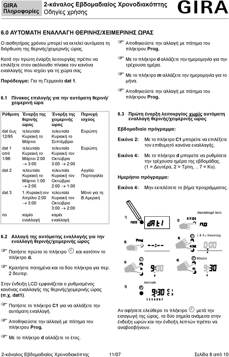 1 Πίνακας επιλογής για την αυτόματη θερινή/ χειμερινή ώρα Αποθηκεύστε την αλλαγή με πάτημα του πλήκτρου Prog. Με το πλήκτρο d αλλάζετε την ημερομηνία για την τρέχουσα ημέρα.