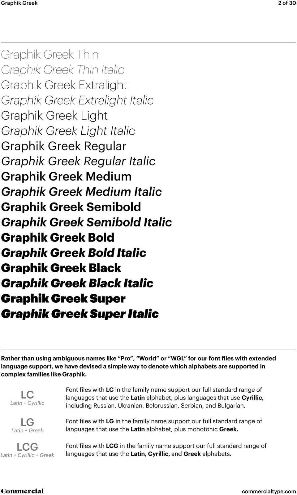 Graphik Greek Black Italic Graphik Greek Super Graphik Greek Super Italic Rather than using ambiguous names like Pro, World or WGL for our font files with extended language support, we have devised a
