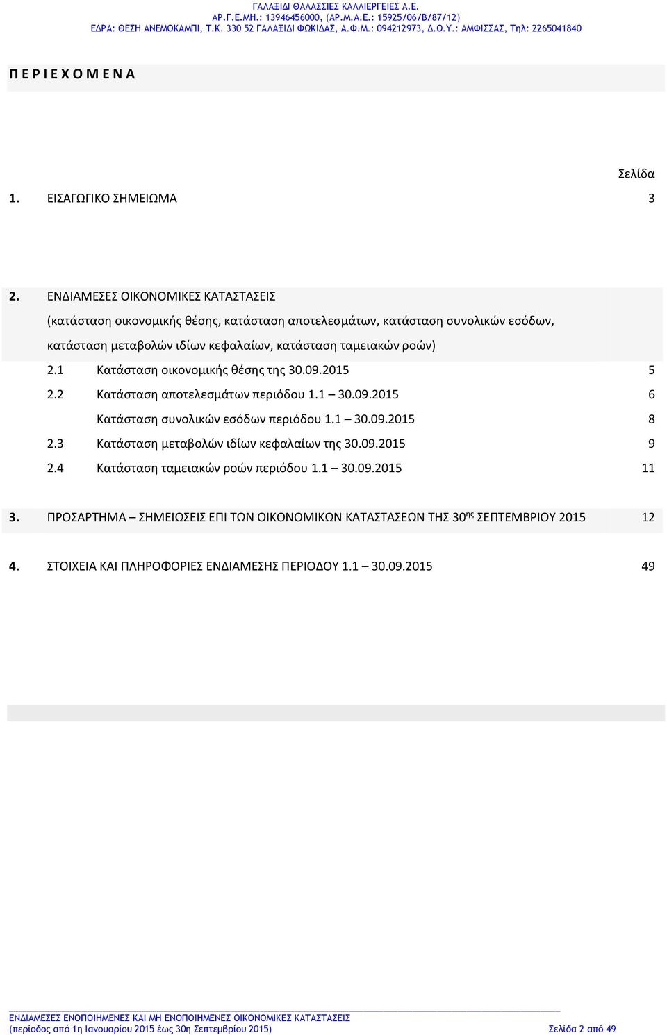 1 Κατάσταση οικονομικής θέσης της 30.09.2015 5 2.2 Κατάσταση αποτελεσμάτων περιόδου 1.1 30.09.2015 6 Κατάσταση συνολικών εσόδων περιόδου 1.1 30.09.2015 8 2.