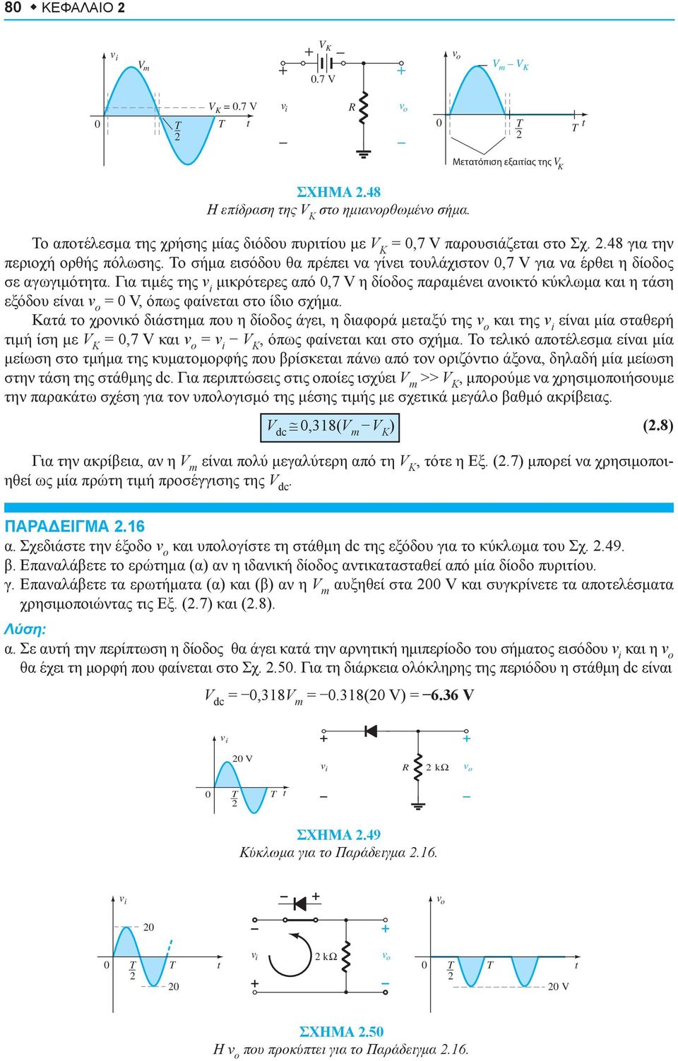 Για τιμές της μικρότερες από,7 V η δίοδος παραμένει ανοικτό κύκλωμα και η τάση εξόδου είναι v ο = V, όπως φαίνεται στο ίδιο σχήμα.