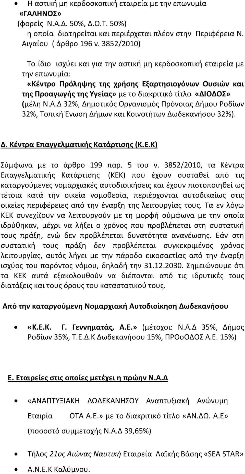 (μέλη Ν.Α.Δ 32%, Δημοτικός Οργανισμός Πρόνοιας Δήμου Ροδίων 32%, Τοπική Ένωση Δήμων και Κοινοτήτων Δωδεκανήσου 32%). Δ. Κέντρα Επαγγελματικής Κατάρτισης (Κ.Ε.Κ) Σύμφωνα με το άρθρο 199 παρ. 5 του ν.