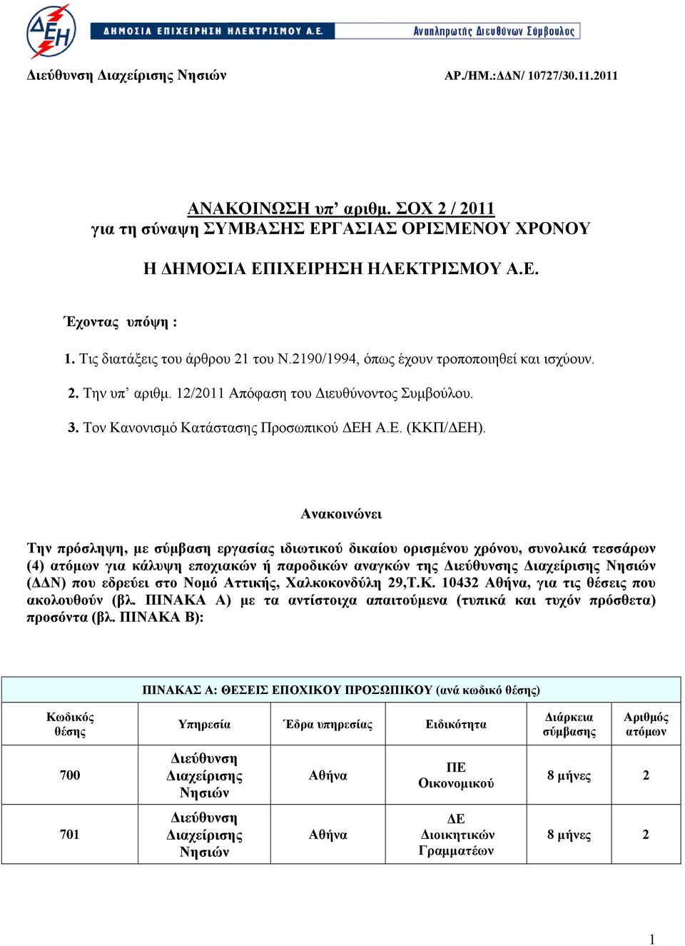 Ανακοινώνει Την πρόσληψη, με σύμβαση εργασίας ιδιωτικού δικαίου ορισμένου χρόνου, συνολικά τεσσάρων (4) ατόμων για κάλυψη εποχιακών ή παροδικών αναγκών της Διεύθυνσης Διαχείρισης Νησιών (ΔΔΝ) που