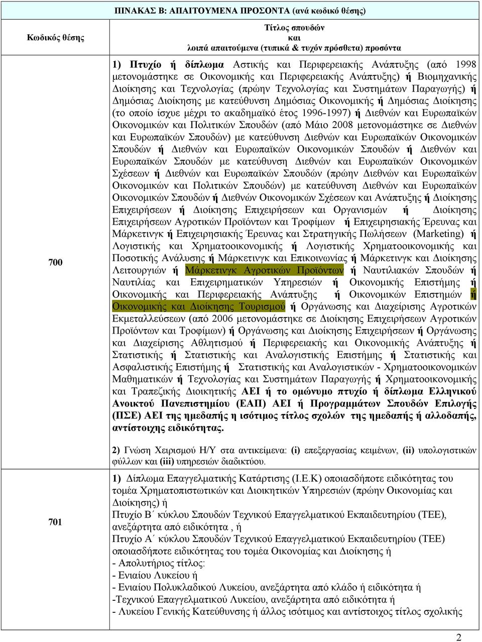 Δημόσιας Οικονομικής ή Δημόσιας Διοίκησης (το οποίο ίσχυε μέχρι το ακαδημαϊκό έτος 1996-1997) ή Διεθνών και Ευρωπαϊκών Οικονομικών και Πολιτικών Σπουδών (από Μάιο 2008 μετονομάστηκε σε Διεθνών και