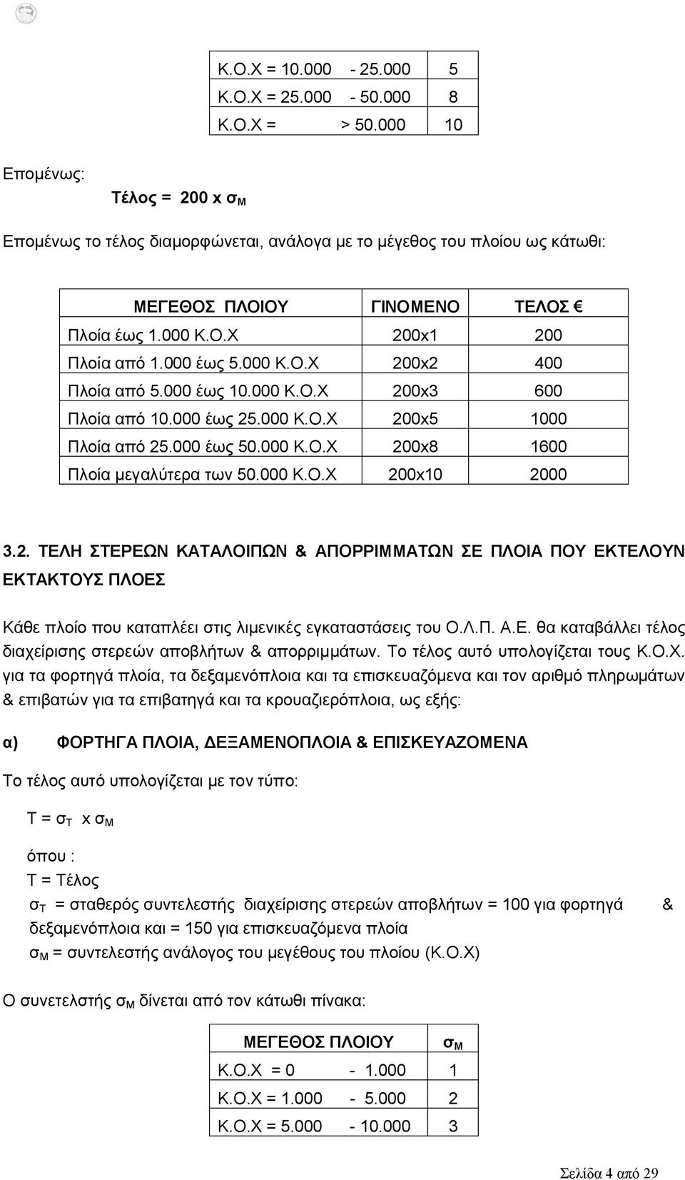 000 Κ.Ο.Χ 200x2 400 Πλοία από 5.000 έως 10.000 Κ.Ο.Χ 200x3 600 Πλοία από 10.000 έως 25.000 Κ.Ο.Χ 200x5 1000 Πλοία από 25.000 έως 50.000 Κ.Ο.Χ 200x8 1600 Πλοία μεγαλύτερα των 50.000 Κ.Ο.Χ 200x10 2000 3.