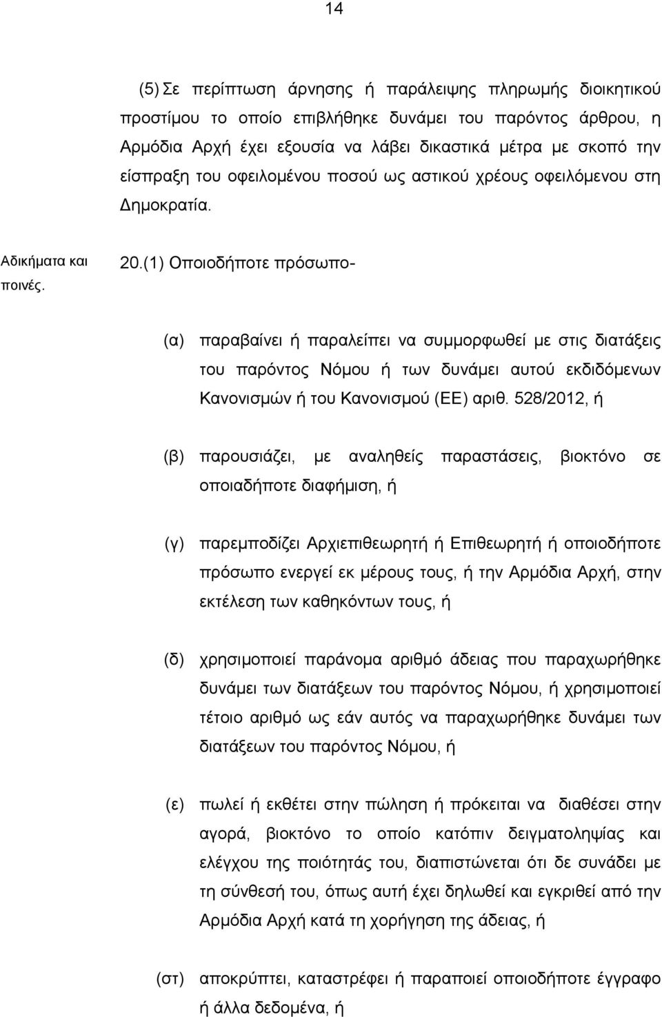 (1) Οποιοδήποτε πρόσωπο- (α) παραβαίνει ή παραλείπει να συμμορφωθεί με στις διατάξεις του παρόντος Νόμου ή των δυνάμει αυτού εκδιδόμενων Κανονισμών ή του Κανονισμού (ΕΕ) αριθ.