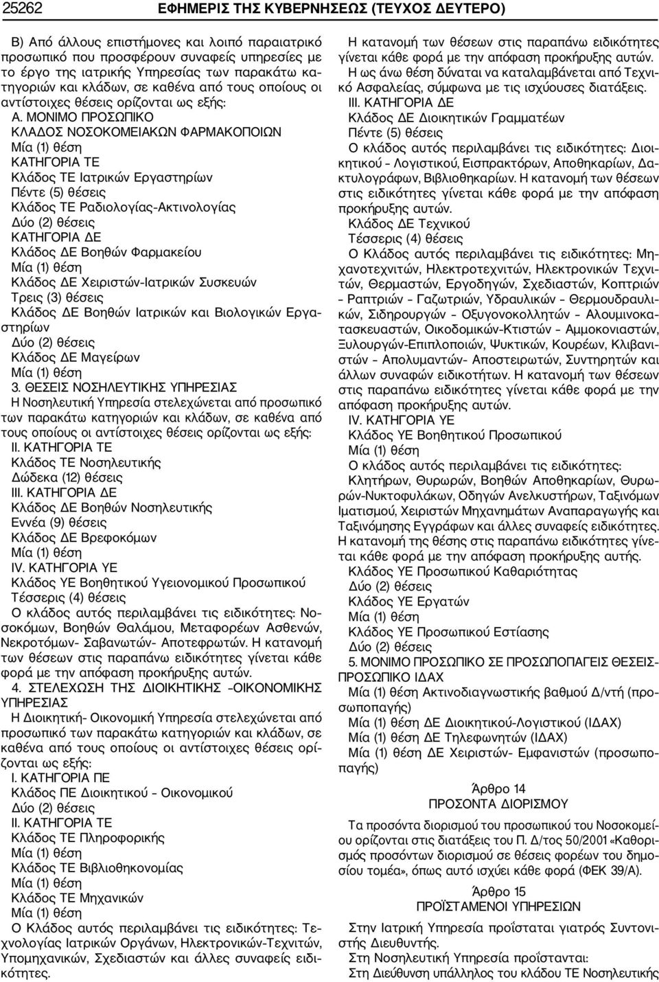 ΜΟΝΙΜΟ ΠΡΟΣΩΠΙΚΟ ΚΛΑΔΟΣ ΝΟΣΟΚΟΜΕΙΑΚΩΝ ΦΑΡΜΑΚΟΠΟΙΩΝ ΚΑΤΗΓΟΡΙΑ ΤΕ Κλάδος ΤΕ Ιατρικών Εργαστηρίων Πέντε (5) θέσεις Κλάδος ΤΕ Ραδιολογίας Ακτινολογίας ΚΑΤΗΓΟΡΙΑ ΔΕ Κλάδος ΔΕ Βοηθών Φαρμακείου Κλάδος ΔΕ
