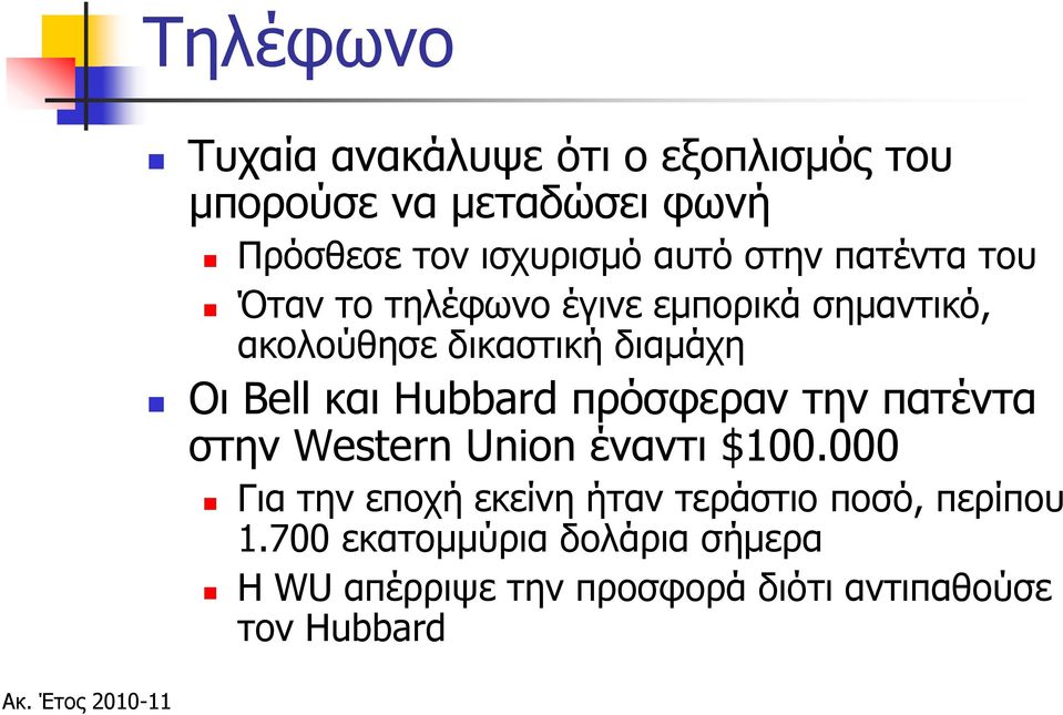 Hubbard πρόσφεραν την πατέντα στην Western Union έναντι $100.