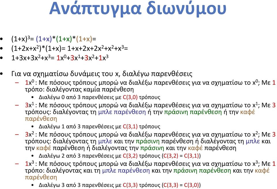 παρενθέσεις για να σχηματίσω το x 1 ; Με 3 τρόπους: διαλέγοντας τη μπλε παρένθεση ήτηνπράσινη παρένθεση ήτηνκαφέ παρένθεση Διαλέγω 1 από 3 παρενθέσεις με C(3,1) τρόπους 3x 2 : Με πόσους τρόπους μπορώ