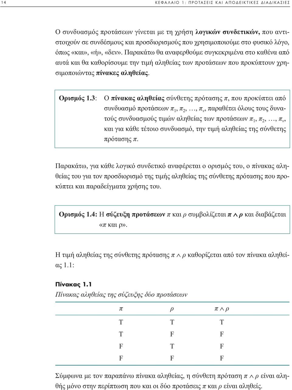 3: Ο πίνακας αληθείας σύνθετης πρότασης π, που προκύπτει από συνδυασµό προτάσεων π 1, π 2,, π ν, παραθέτει όλους τους δυνατούς συνδυασµούς τιµών αληθείας των προτάσεων π 1, π 2,, π ν, και για κάθε