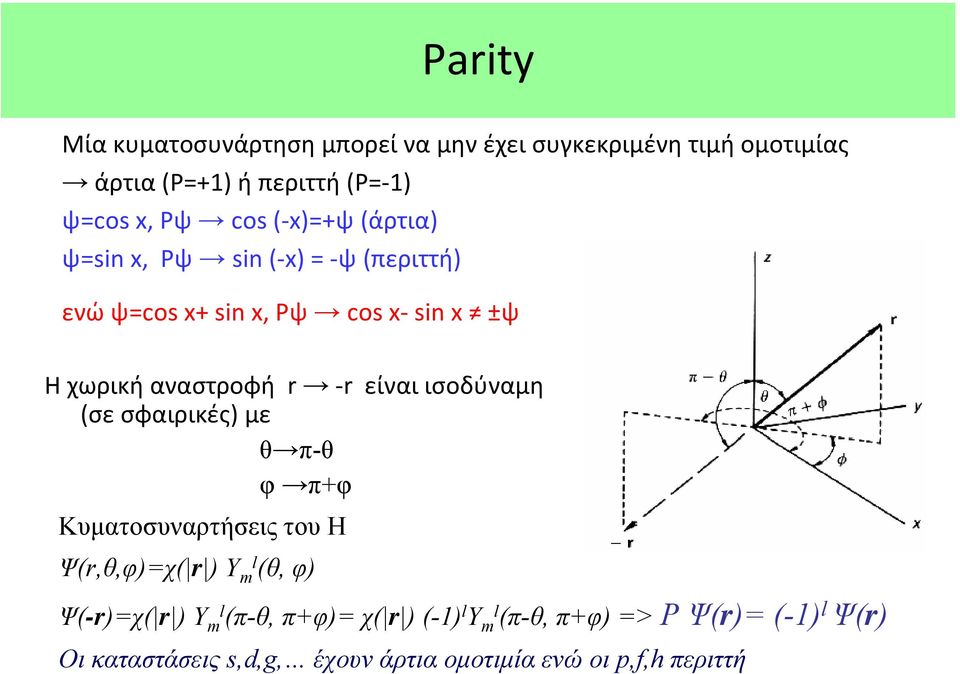 είναι ισοδύναμη (σε σφαιρικές) με θ π-θ φ π+φ Κυµατοσυναρτήσεις του Η Ψ(r,θ,φ)=χ( r ) Y ml (θ, φ) Ψ(-r)=χ( r ) Y ml