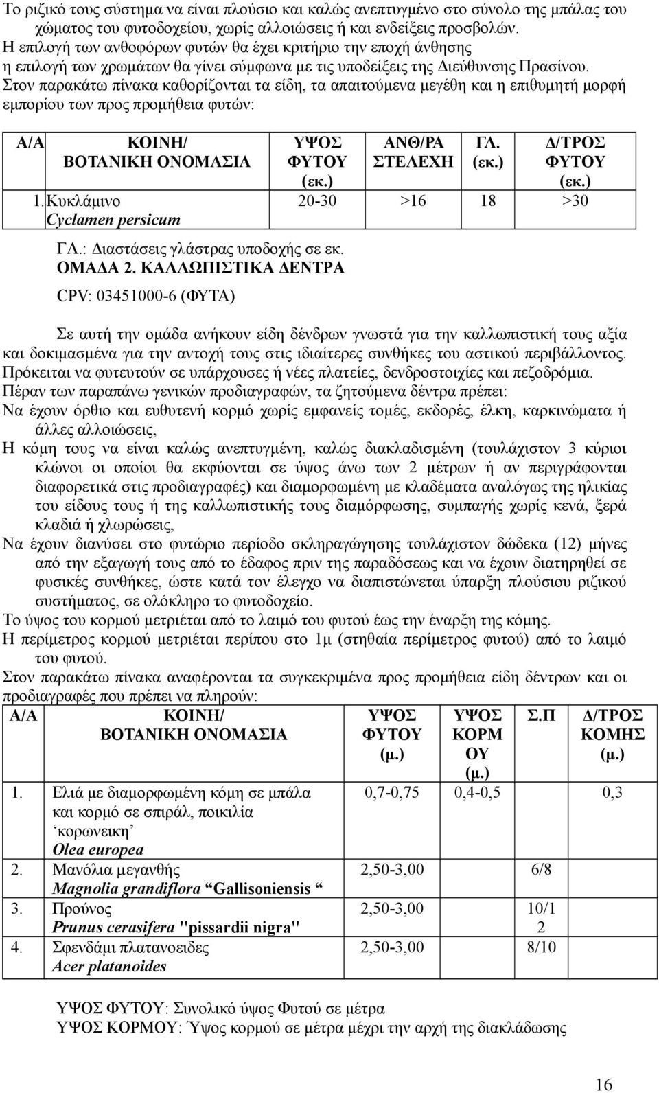 Στον παρακάτω πίνακα καθορίζονται τα είδη, τα απαιτούμενα μεγέθη και η επιθυμητή μορφή εμπορίου των προς προμήθεια φυτών: Α/Α ΚΟΙΝΗ/ ΒΟΤΑΝΙΚΗ ΟΝΟΜΑΣΙΑ 1. Κυκλάμινο Cyclamen persicum ΥΨΟΣ ΦΥΤΟΥ (εκ.