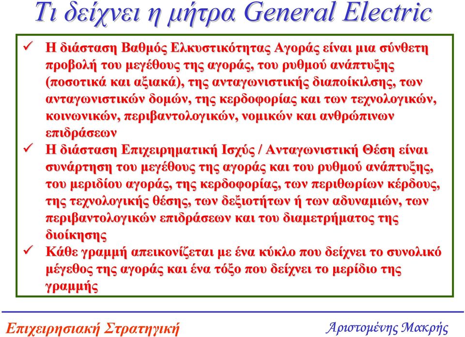 Θέση είναι συνάρτηση του µεγέθους της αγοράς και του ρυθµού ανάπτυξης, του µεριδίου αγοράς, της κερδοφορίας, των περιθωρίων κέρδους, της τεχνολογικής θέσης, των δεξιοτήτων ή των αδυναµιών,