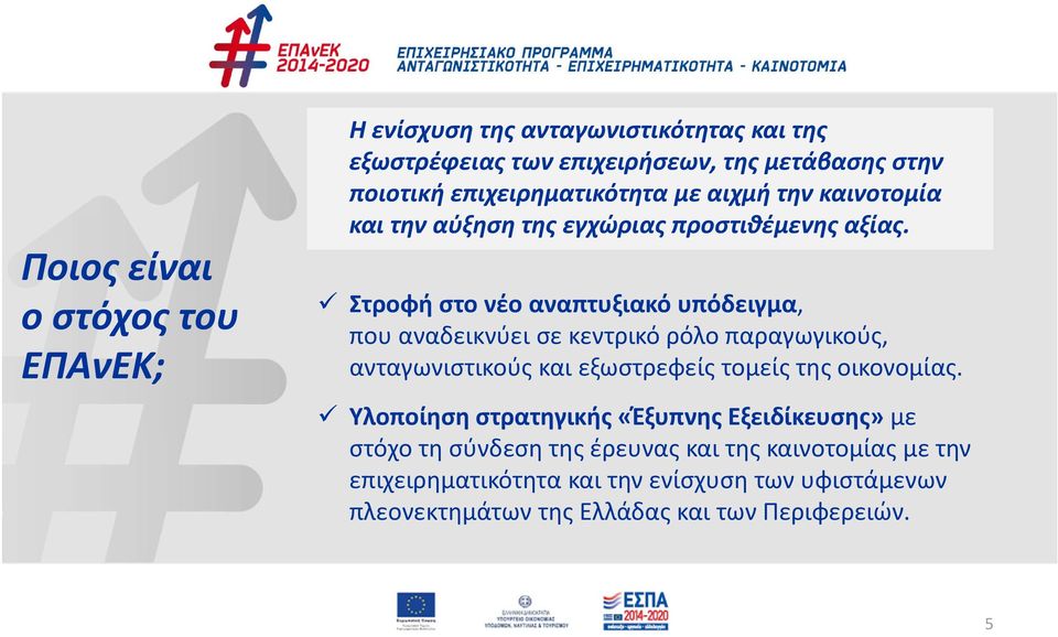 Στροφή στο νέο αναπτυξιακό υπόδειγμα, που αναδεικνύει σε κεντρικό ρόλο παραγωγικούς, ανταγωνιστικούς και εξωστρεφείς τομείς της οικονομίας.