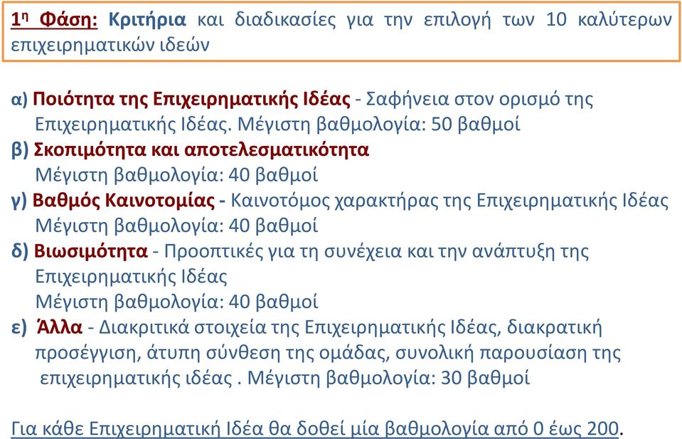βαθμολογία: 40 βαθμοί δ) Βιωσιμότητα - Προοπτικές για τη συνέχεια και την ανάπτυξη της Επιχειρηματικής Ιδέας Μέγιστη βαθμολογία: 40 βαθμοί ε) Άλλα - Διακριτικά στοιχεία της