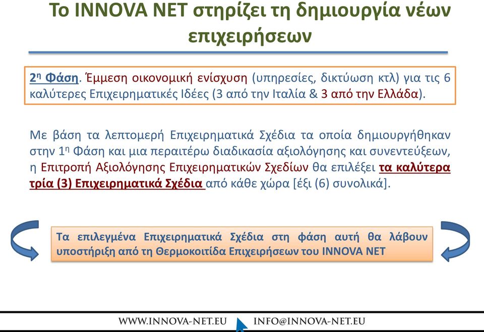 Με βάση τα λεπτομερή Επιχειρηματικά Σχέδια τα οποία δημιουργήθηκαν στην 1 η Φάση και μια περαιτέρω διαδικασία αξιολόγησης και συνεντεύξεων, η