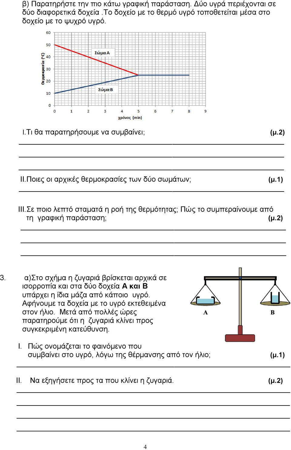 α)στο σχήμα η ζυγαριά βρίσκεται αρχικά σε ισορροπία και στα δύο δοχεία Α και Β υπάρχει η ίδια μάζα από κάποιο υγρό. Αφήνουμε τα δοχεία με το υγρό εκτεθειμένα στον ήλιο.