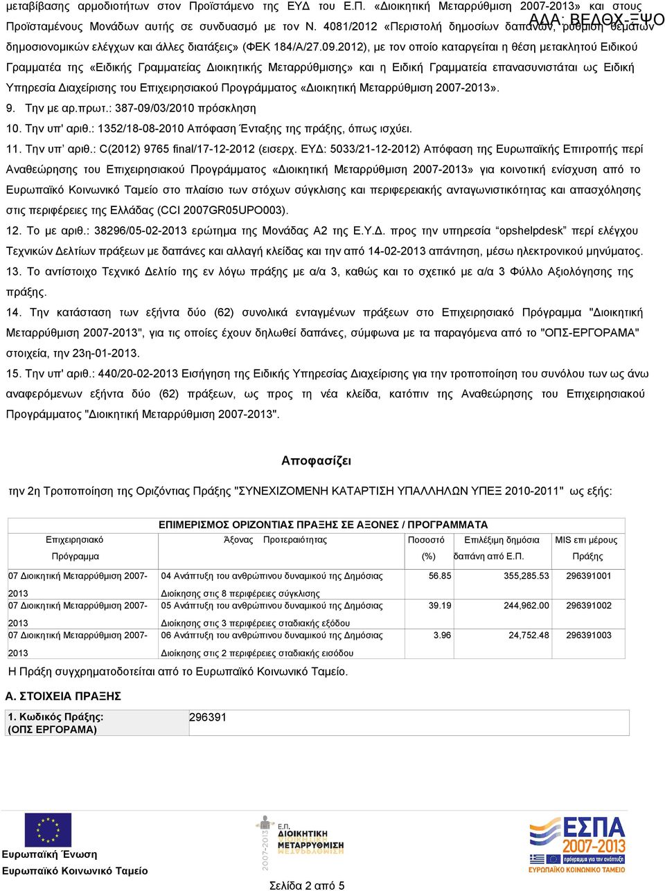 2012), με τον οποίο καταργείται η θέση μετακλητού Ειδικού Γραμματέα της «Ειδικής Γραμματείας Διοικητικής Μεταρρύθμισης» και η Ειδική Γραμματεία επανασυνιστάται ως Ειδική Υπηρεσία Διαχείρισης του