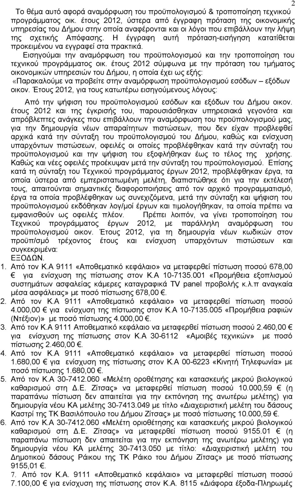 Η έγγραφη αυτή πρόταση-εισήγηση κατατίθεται προκειμένου να εγγραφεί στα πρακτικά. Εισηγούμαι την αναμόρφωση του προϋπολογισμού και την τροποποίηση του τεχνικού προγράμματος οικ.