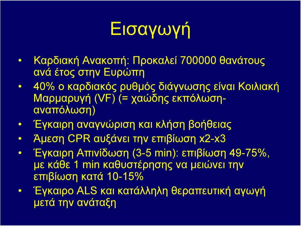 βοήθειας Άμεση CPR αυξάνει την επιβίωση x2-x3 Έγκαιρη Απινίδωση (3-5 min): επιβίωση 49-75%, με κάθε 1